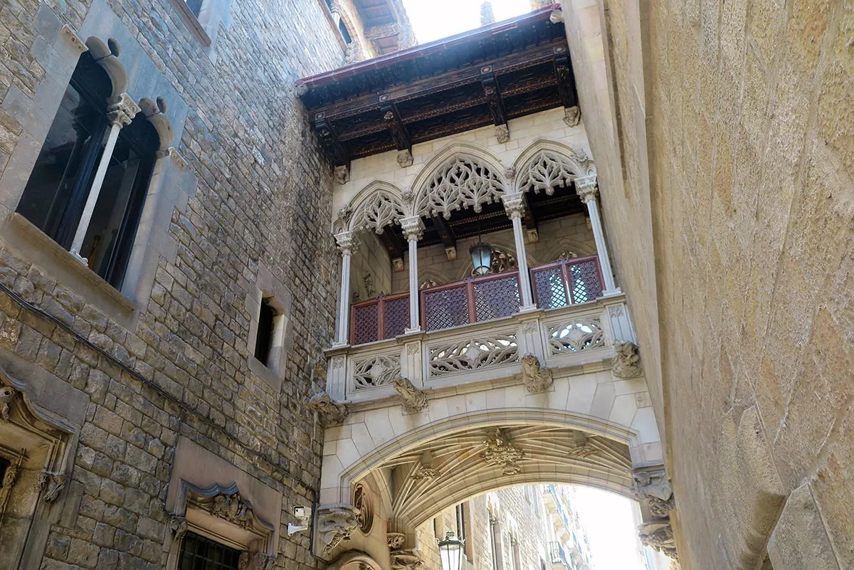 Bridge in Calle del Bisbe with many non-functional elements, Gothic Quarter, Barcelona