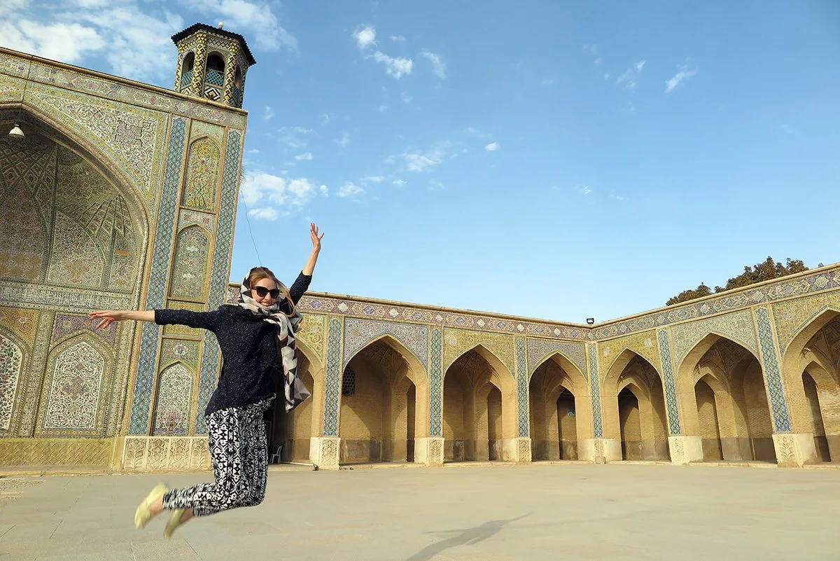 Jumping in a mosque in Shiraz, Iran