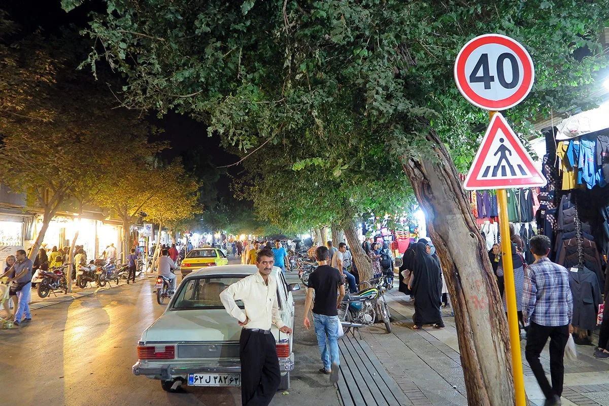 An evening street scene in Shiraz, Iran