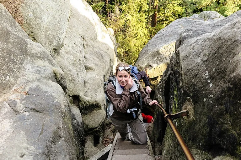 Sam from thewanderingwanderluster.com eager to reach the top of Šaunštejn :)