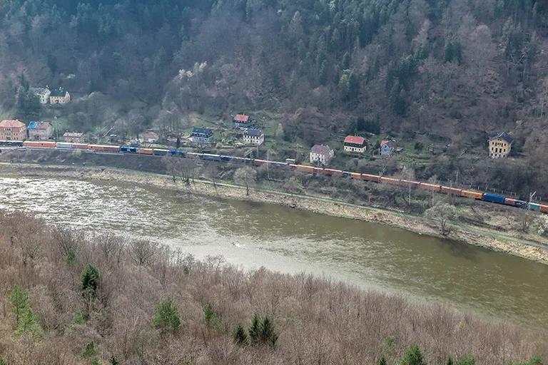 Train passing along the Elbe River, Bohemian Switzerland