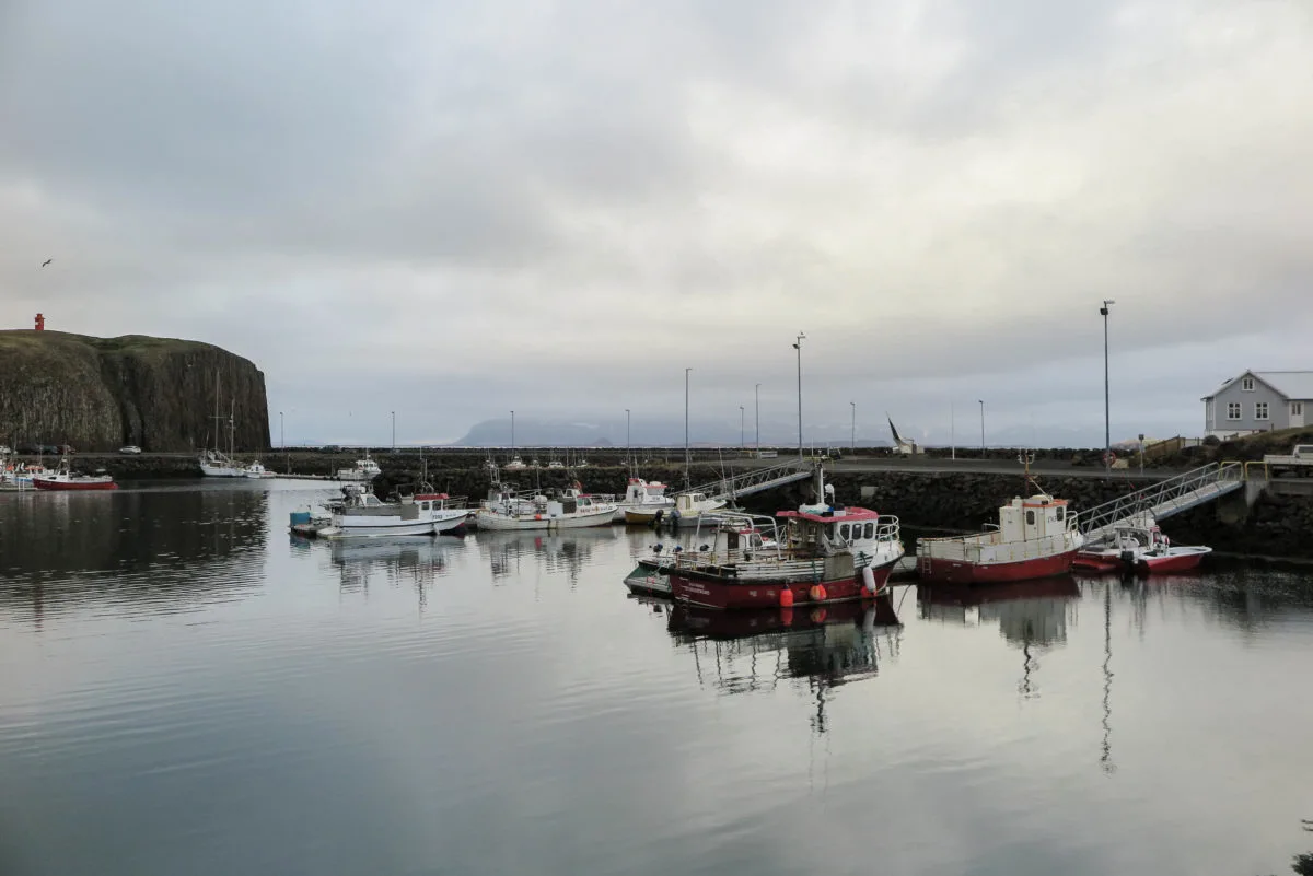 View of Stykkishólmur port on a cloudy day