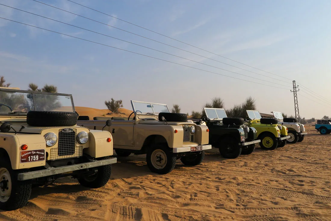 Land Rovers waiting to take us to falconry showcase and breakfast