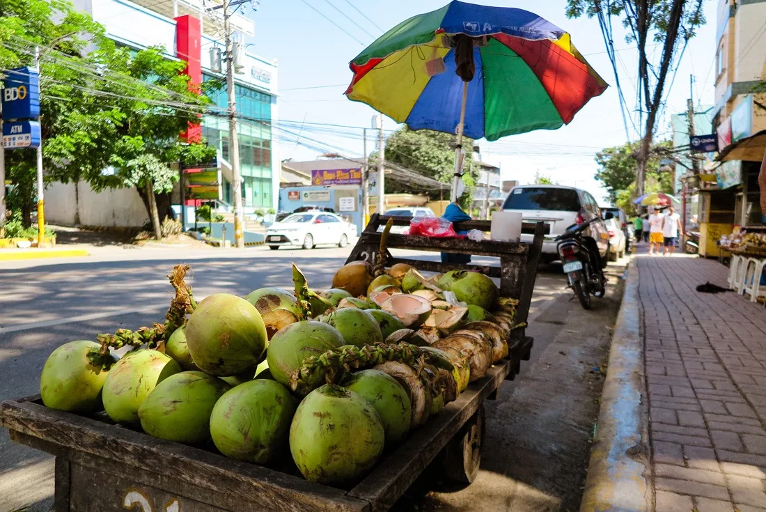 Young coconuts sold on the street in Cebu, Philippines www.travelgeekery.com