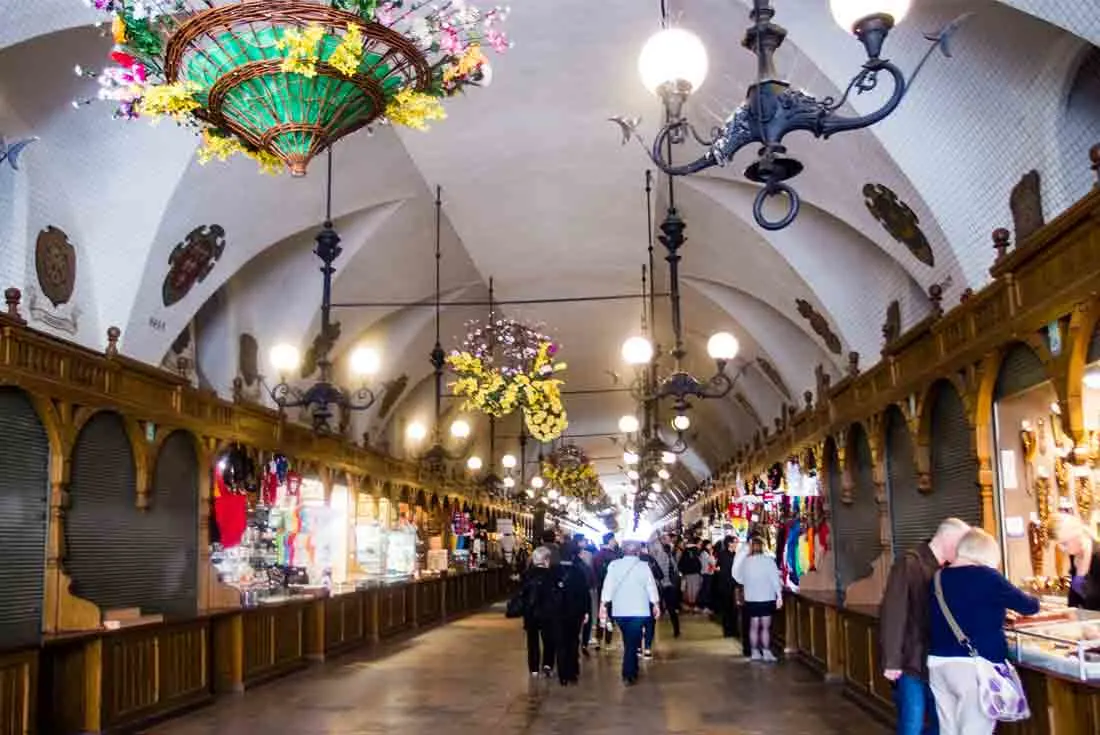 Stalls inside Krakow's Cloth Hall (Sukenice) on the main square.