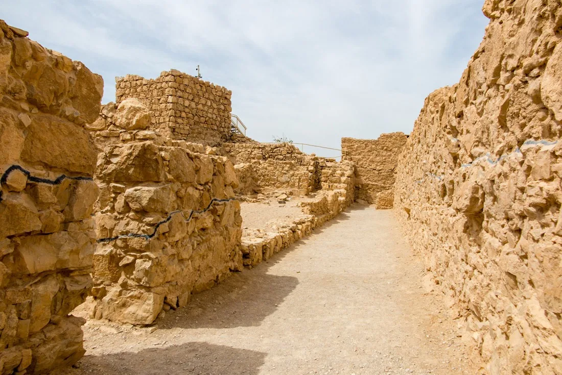 Lines on the walls of Masada showing what's reconstructed and what's rebuilt
