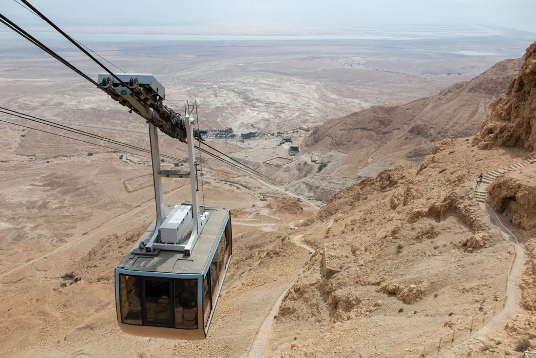 Taking a cable car to the top of Masada