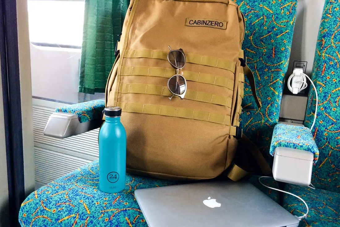 CabinZero bag on a train