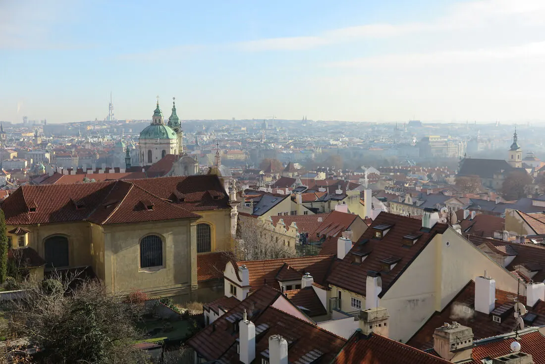 Snow-less view of the city's spires from the Prague Castle