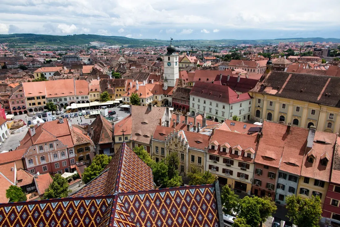 Beautiful view of the Old Town from Sibiu Cathedral Romania