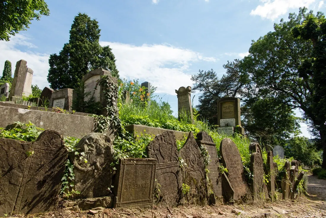 Old Saxon tombstones in a cemetery in Sighisoara, Romania