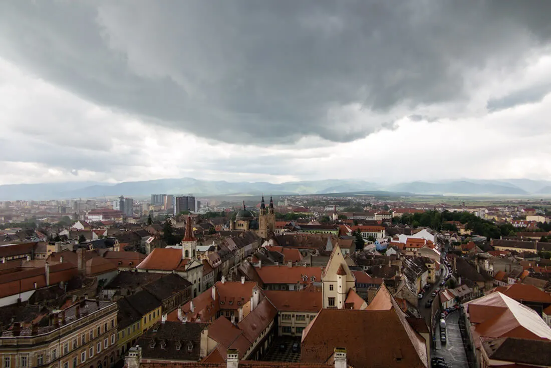 Sun on Old Town Sibiu after the storm - viewed from Sibiu Cathedral