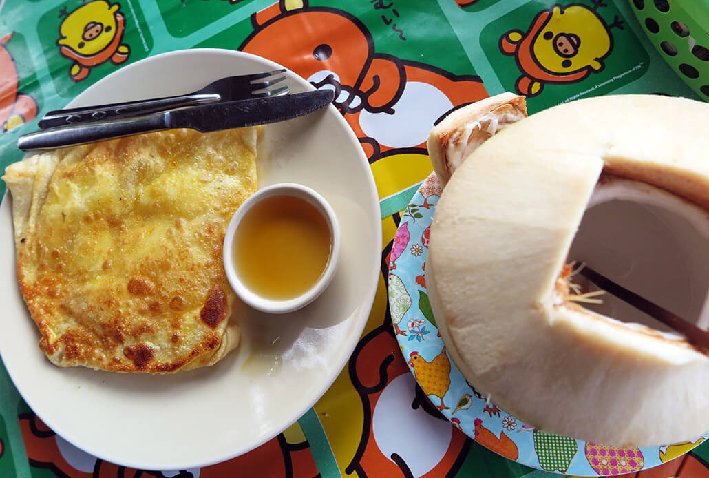 Thai pancake & a fresh coconut in Koh Lanta, Thailand