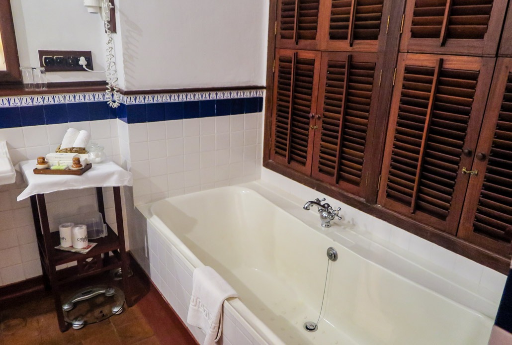 Bathroom of Brunton Boatyard hotel room, Kerala, India