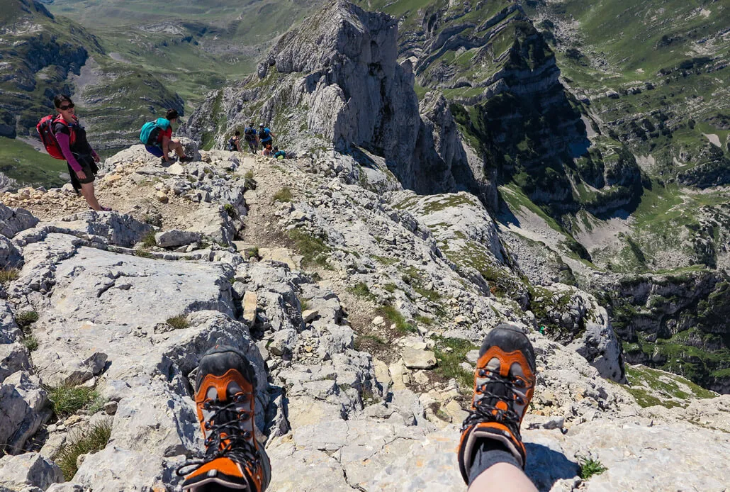 Steep climb down from the top of Bobotov Kuk, Durmitor National Park Montenegro