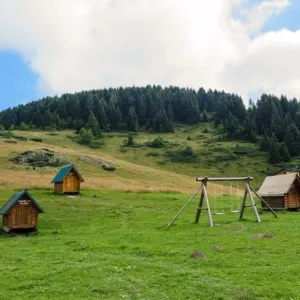 Cute little houses of Katun Dolovi a.k.a. Kam Janketic in Bjelasica Mountains near Biogradsko Jezero NP Montenegro