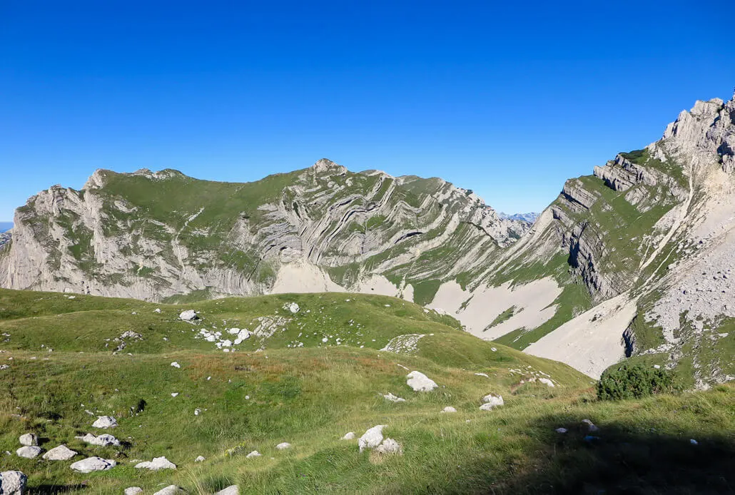 Layered rocks in the Durmitor National Park, as seen on the trek from the Saddle to Bobotov Kuk