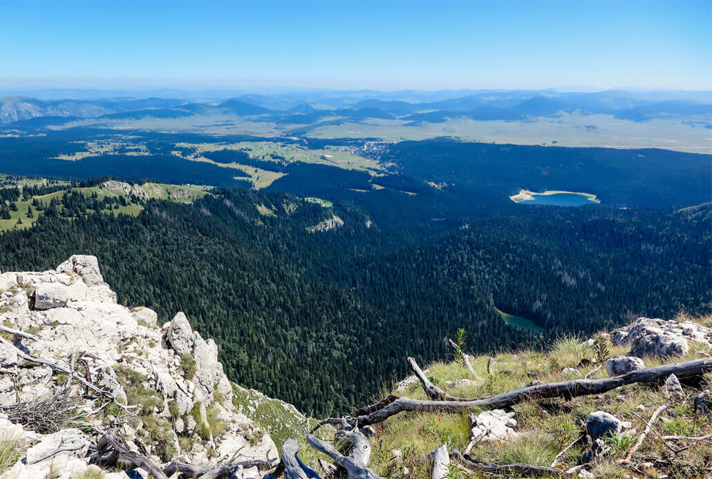 Crno Jezero (Black Lake) and the view from the top of Crvena Greda Mountain in Durmitor National Park Montenegro