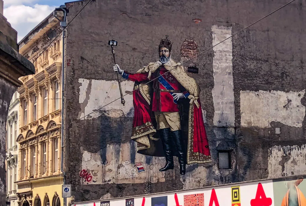 Mural of King David with a selfie stick on the Denisova Street in Olomouc