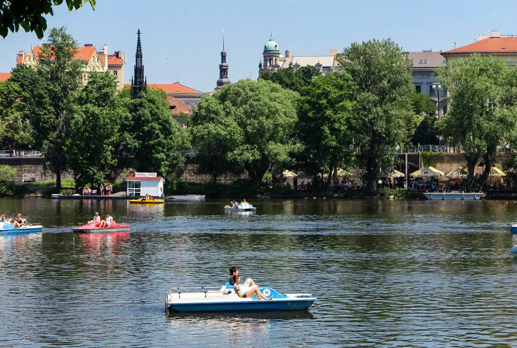 Pedal boats on the Vltava River in Prague