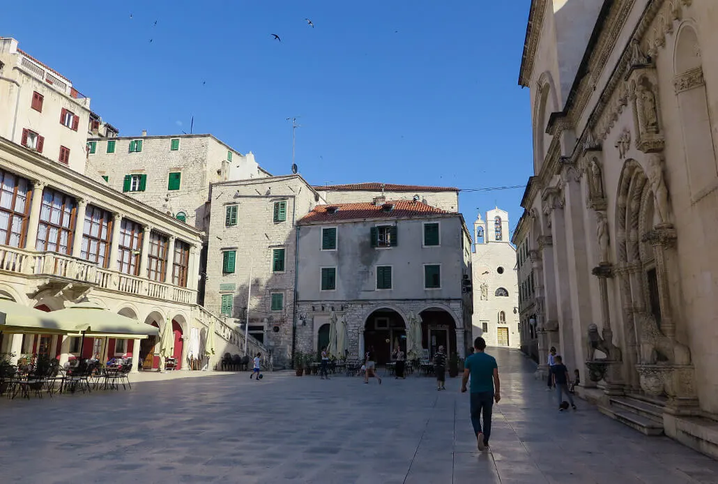 The white tiled Square Trg Republike Hrvatske Sibenik