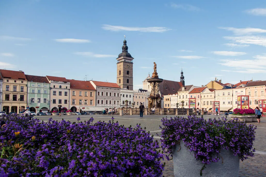 Black Tower and Samson Fountain in Ceske Budejovice Czech Republic