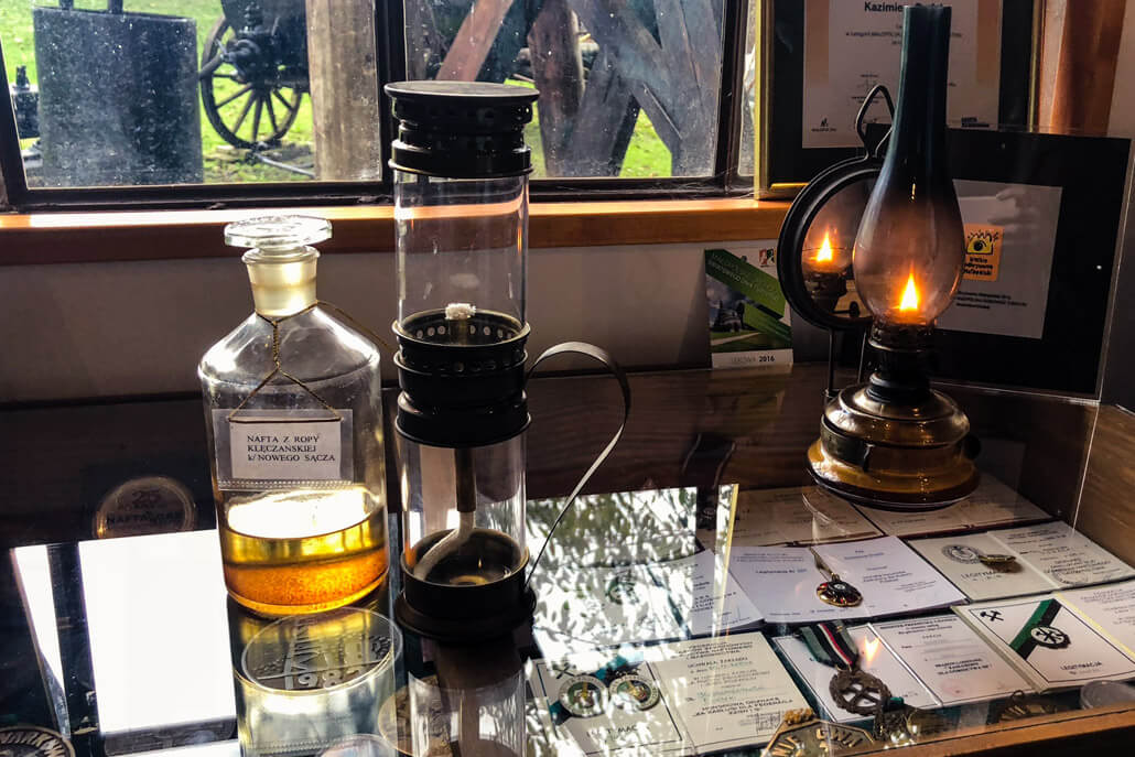 Refined kerosene and kerosene lamp in a museum of the Magdalena mine