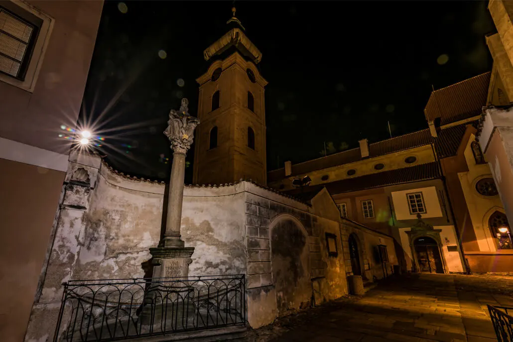 Piarist Square Ceske Budejovice at night