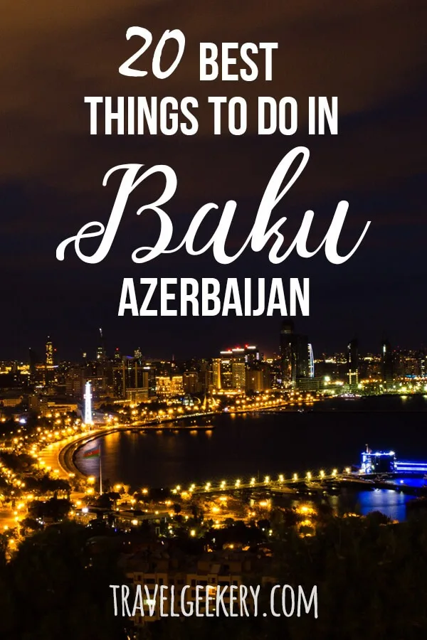 Baku Azerbaijan: See what are the best things to do in Baku and its surroundings so that you enjoy one of the most exciting cities to the fullest. Travel to Baku for food, for the amazing architecture of Zaha Hadid (Heydar Aliyev Cultural Centre), the amazing Flame Towers, Baku’s seaside and more. Including info on the best restaurants. #baku #azerbaijan #thingstodo #caucasus #travel #travelgeekery