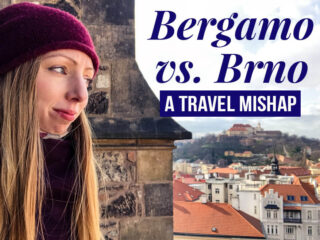 Veronika of TravelGeekery with text overlay: Bergamo vs. Brno - A Travel Mishap