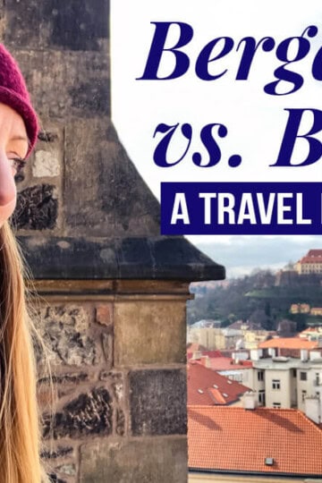 Veronika of TravelGeekery with text overlay: Bergamo vs. Brno - A Travel Mishap