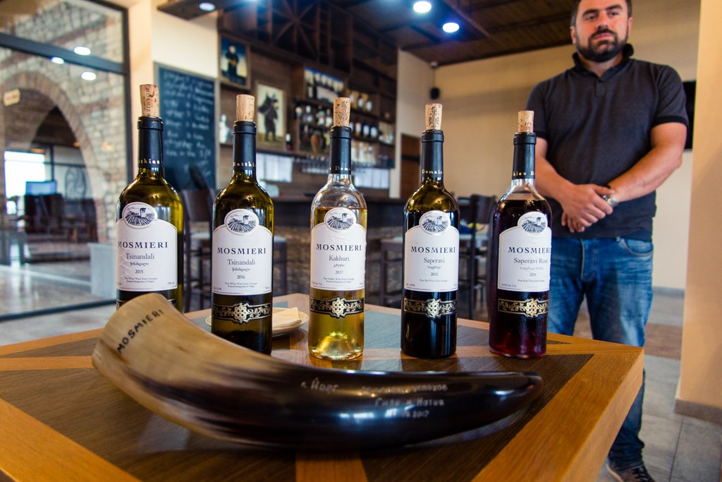 Bottles of wine ready for degustation at Mosmieri Winery Georgia