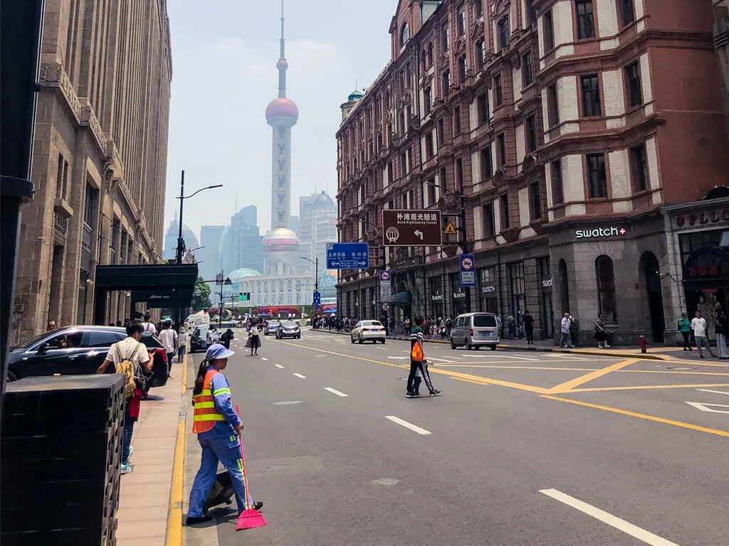 Beginning of Nanjing Road with the view of Lujiazui TV Tower, Shanghai