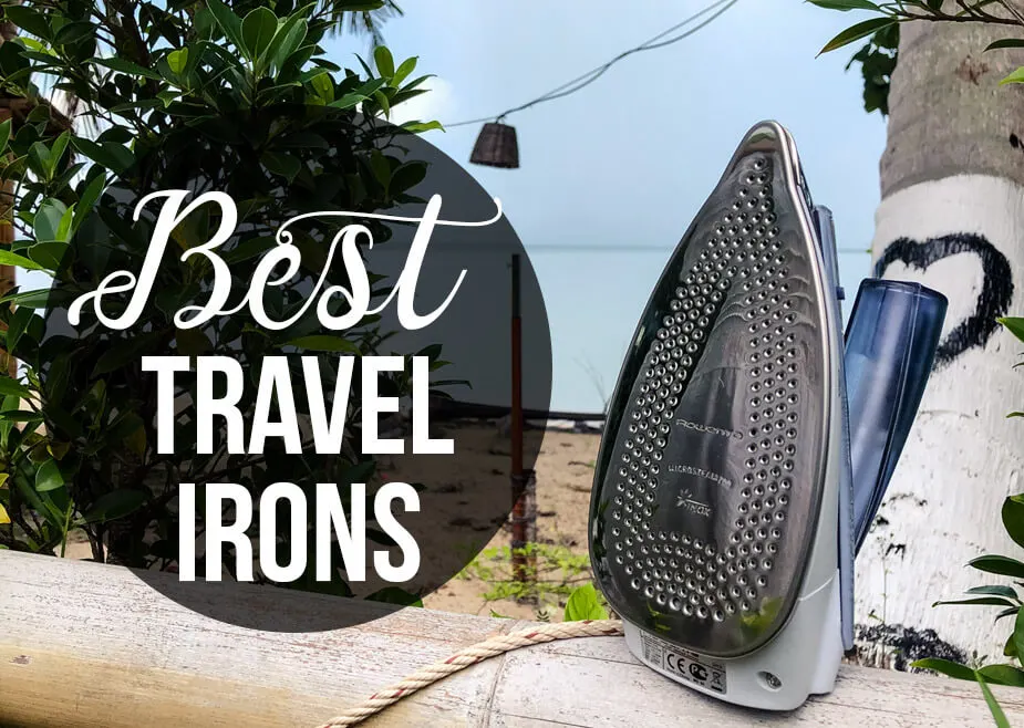 Iron in a tropical setting with a text overlay - Best Travel Irons