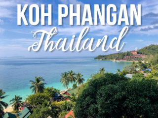 View of Koh Phangan seashore with text Koh Phangan Thailand