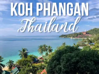 View of Koh Phangan seashore with text Koh Phangan Thailand