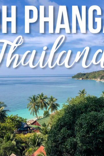 View of Koh Phangan seashore with text Koh Phangan Thailand