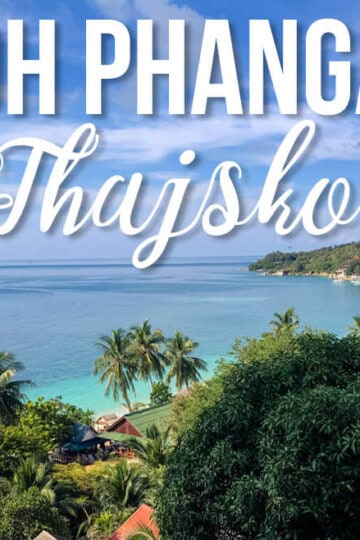 Pohled na moře a zeleň s textem "Koh Phangan Thajsko"