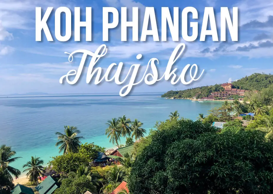 Pohled na moře a zeleň s textem "Koh Phangan Thajsko"