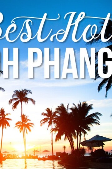 Palm trees by a pool with text "Best Hotels Koh Phangan"