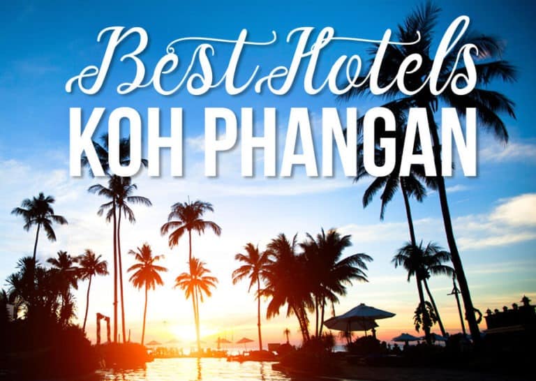 Palm trees by a pool with text "Best Hotels Koh Phangan"