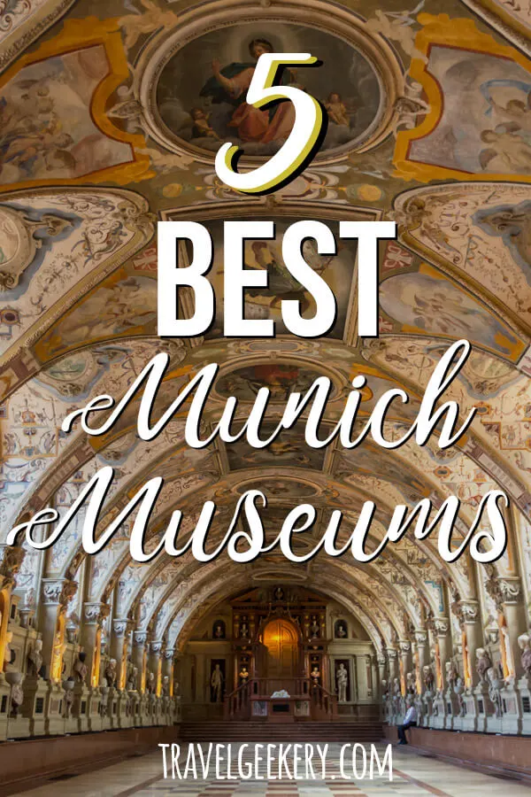 Interior of Munich Residence Castle Museum with a text overlay saying "5 Best Munich Museums"
