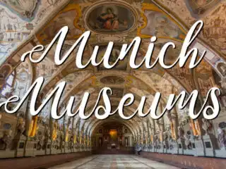 Interior of Munich Residence Castle Museum with a text overlay saying