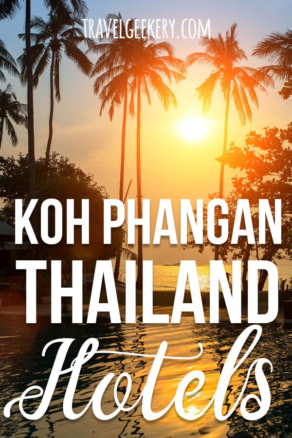 Palm trees by a pool with text "Best Hotels Koh Phangan"