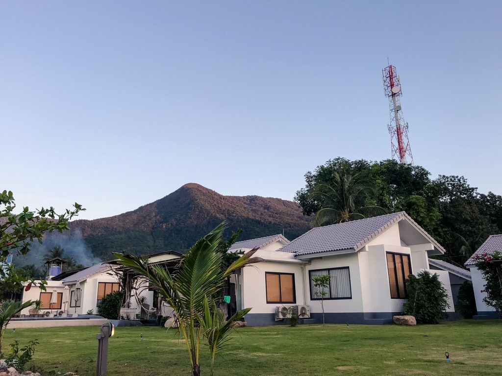 Resort in Koh Phanga's Chaloklum village with mountains in the background
