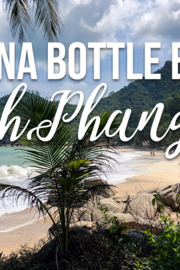 Tropická pláž s textem "Trek na Bottle Beach Koh Phangan"