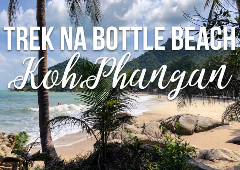 Tropická pláž s textem "Trek na Bottle Beach Koh Phangan"