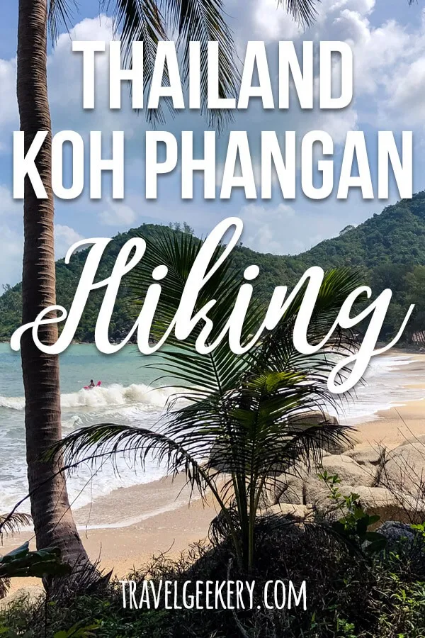 Beach view with text overlay saying "Thailand Koh Phangan Hiking"