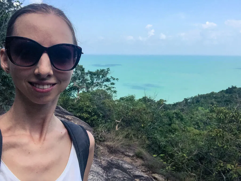 Selfie on a hike with the ocean in the background