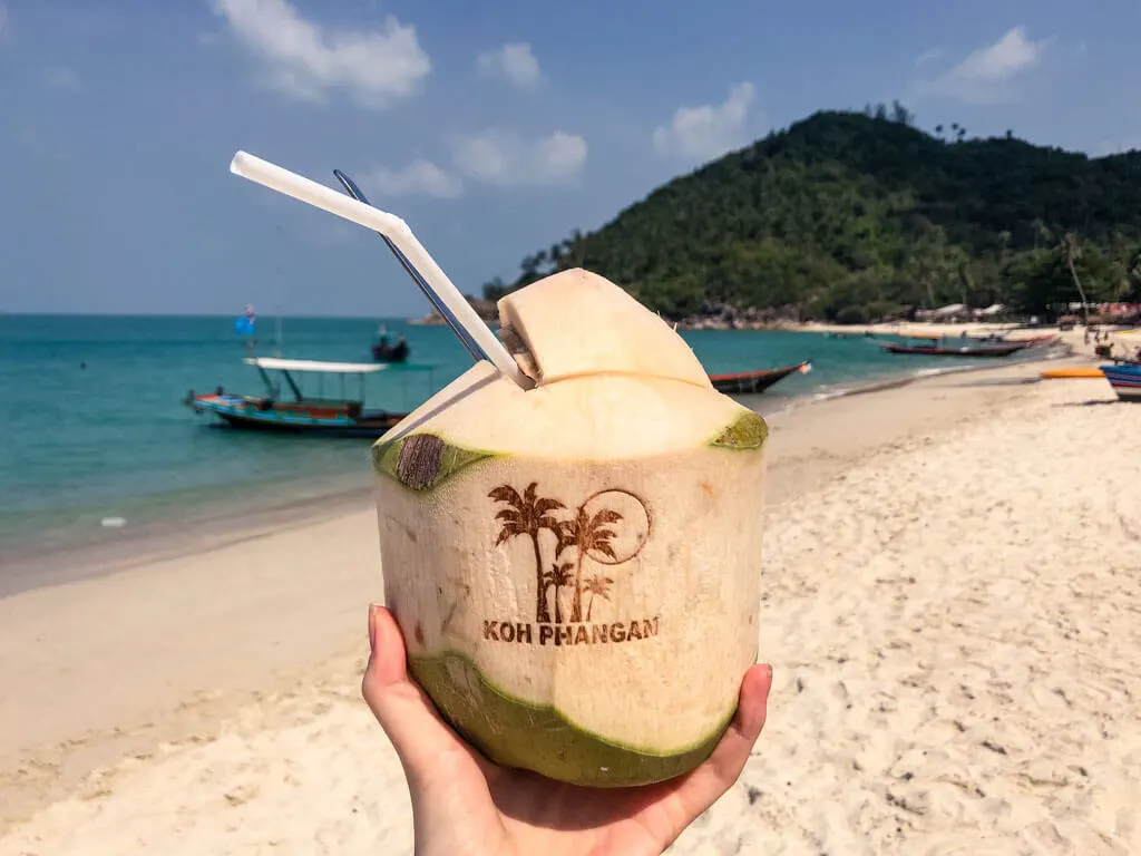 A hand holding a fresh coconut on a beach